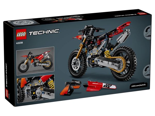 Задна страна на кутията на LEGO Technic 42238 Ducati с размери и детайли на окачването