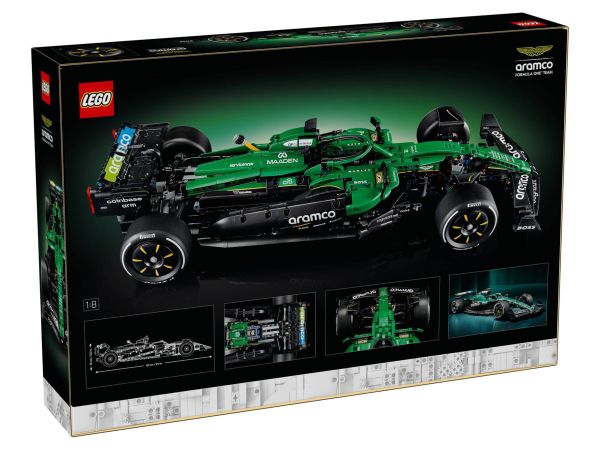 Задна страна на кутията на LEGO Technic 42240 с размери и детайли на окачването