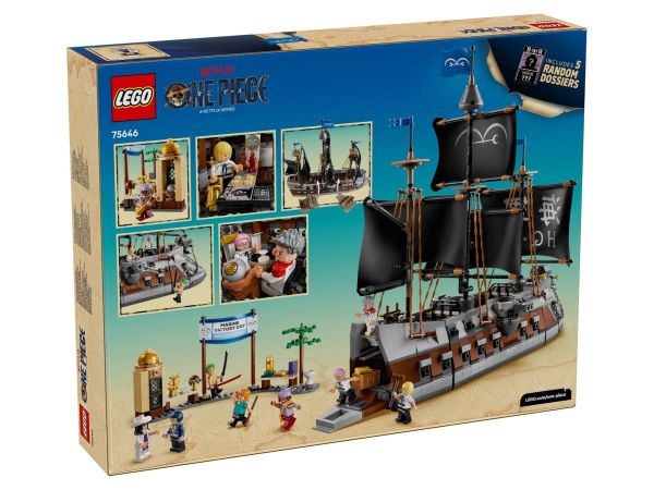Задна страна на кутията на LEGO 75646 с детайли и функции на кораба и пазара в Логтаун