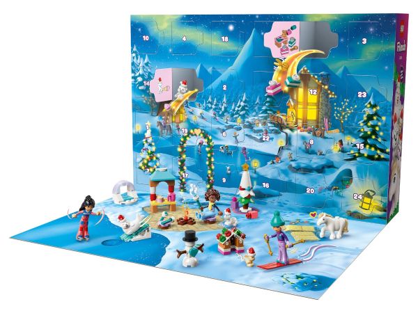 Разгънат LEGO Friends Коледен календар 42698 с игрално поле и зимна мини дъска