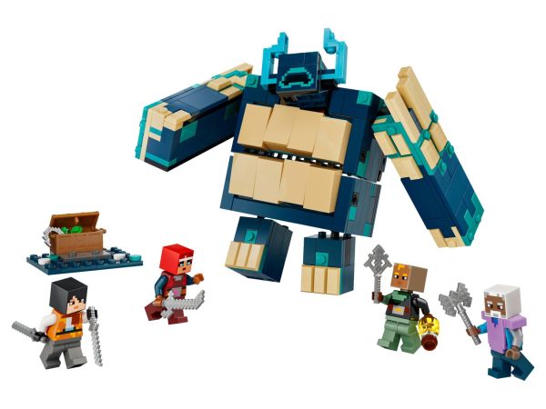 Сглобеният модел LEGO Minecraft 21591 с Изкривения Пазител и четирите минифигурки в бойна сцена