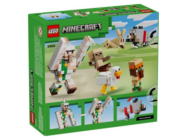 Задна страна на кутията на LEGO Minecraft 21592 с функции, размери на опаковката и детайли
