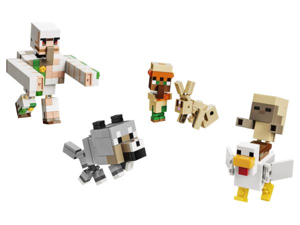 Сглобеният модел LEGO Minecraft 21592 с Железния голем и жокея на пиле в пустинна сцена