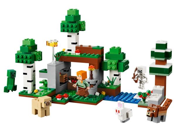 Конструктор LEGO Minecraft 21593 Първото нощно приключение - преден изглед на сглобения модел с минифигурки