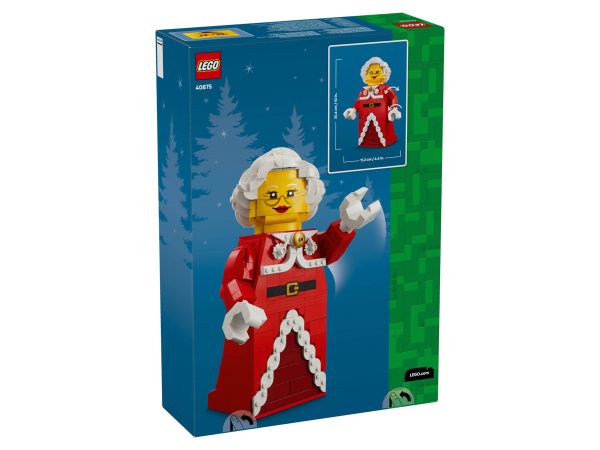 Задна страна на кутията на LEGO Сезонен 40875, показваща размерите и функцията Build Together за споделено сглобяване