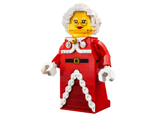 Сглобена голяма фигура на Баба Коледа от LEGO 40875 с червена рокля и подвижни ръце