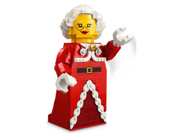 Увеличена LEGO минифигурка на Баба Коледа 40875 в празнична позиция с вдигната ръка и подвижни стави